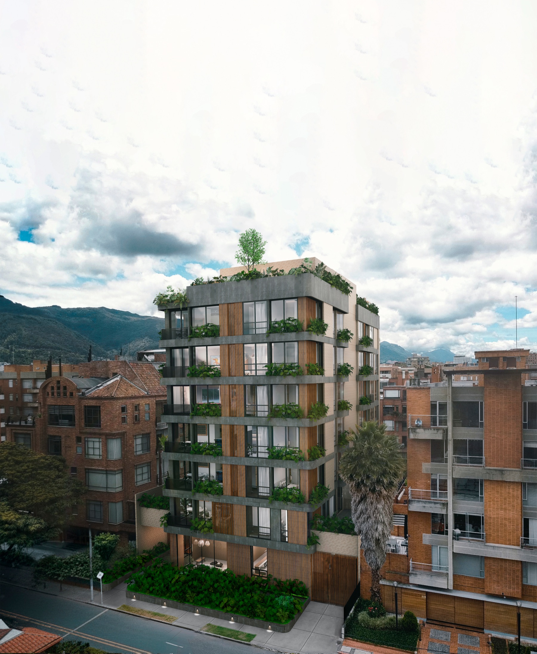 Fachada de Senzo 104, edificio de concreto y madera con vegetación en los balcones